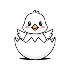 Adorable cartoon illustration of a baby chick hatching from a cracked eggshell, smiling happily.