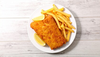 Golden Fish and Chips Served with Lemon on a White Plate, Classic Fish and Chips with Refreshing Lemon Slices on a Rustic White Table