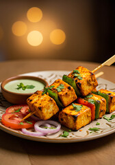 Delicious grilled paneer tikka skewers served with mint chutney and fresh vegetables.