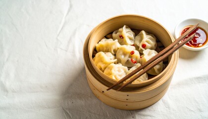 Delicious Chinese dumplings with red pepper flakes in a bamboo steamer, ready to eat, Served with a...