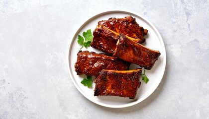 Delicious BBQ Ribs Served on a White Plate, Ready to Eat, Succulent Glazed Pork Ribs on a Plate