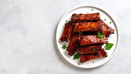 Delicious Sticky BBQ Ribs Stacked on a White Plate, Mouthwatering Ribs Ready to be Served on a...