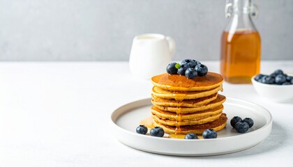 A Stack of Delicious Pancakes with Blueberries Drizzled in Syrup, Tempting Pancakes Topped with...