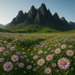 Majestic Jagged Mountains Overlooking a Field of Purple and Yellow Wildflowers