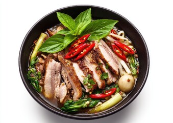 Dark bowl of noodles with sliced duck, herbs, and spices