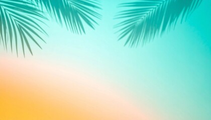 Fototapeta premium ヤシの影が揺れるグラデーション背景 ブルーからオレンジへと移り変わるグラデーション背景