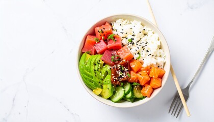 Bowl of Vibrant Poke with Fresh Ingredients on White Marble,Delicious and Colorful Hawaiian Poke...