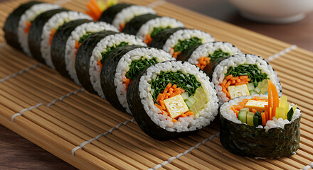 Freshly prepared vegetable sushi rolls arranged on a bamboo mat.