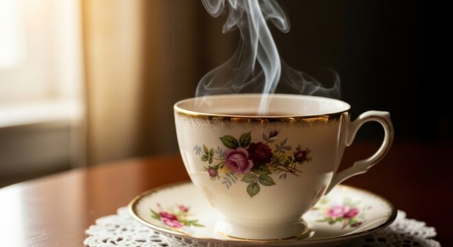 Steaming Tea Cup with Floral Design and Saucer