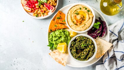 Platter of Mediterranean Appetizers with Hummus and Pita Bread, Colorful Middle Eastern Vegan Mezze...
