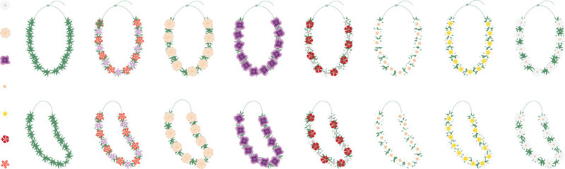 Collection of colorful Hawaiian lei garlands. Vector set of traditional Polynesian flower necklaces for celebration and luau parties. © Horizonz
