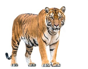Fototapeta premium Tiger, standing, facing forward, against white