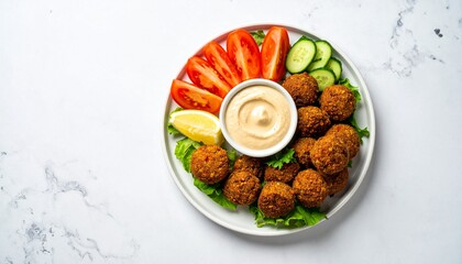 Falafel Platter with Fresh Vegetables and Tahini Dip on a Marble Background, Delicious and Healthy...