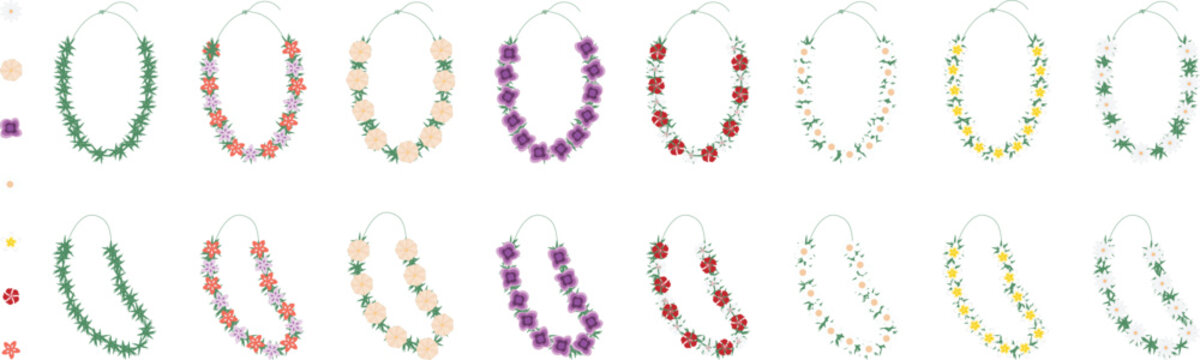 Collection of colorful Hawaiian lei garlands. Vector set of traditional Polynesian flower necklaces for celebration and luau parties.