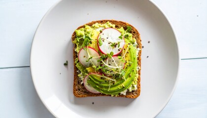 Avocado toast with radish, sprouts and cream cheese on a white plate, Healthy eating with avocado,...