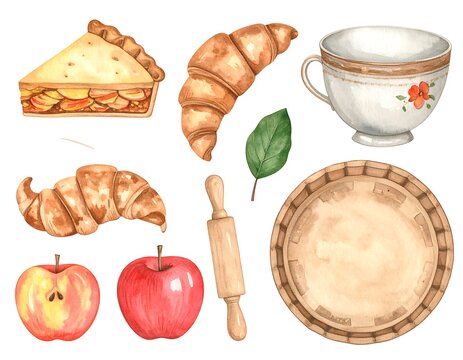 Watercolor apple pie, croissant, teacup, and baking elements