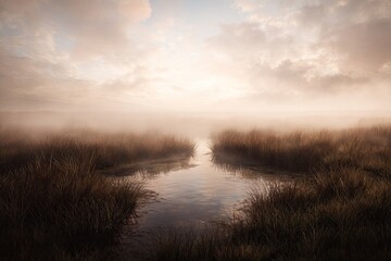 Fototapeta premium Misty sunrise over a tranquil marsh