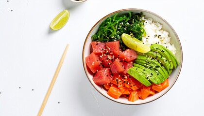 Delicious Poke Bowl With Tuna, Salmon, Seaweed, Rice, and Avocado, A Flavorful Poke Bowl Composition on a Clean White Backdrop