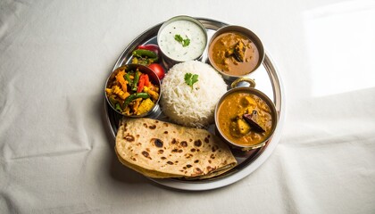 Indian Thali with Curries, Roti, Rice, and Raita on Silver Platter, A Complete and Flavorful Meal of Traditional Indian Dishes Served on a Plate
