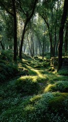 Sunlit forest floor, dappled light