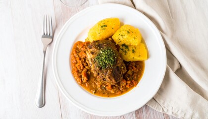 Osso Buco with Polenta and Gremolata on a White Plate, Italian Cuisine Dish on Rustic Wood Table with Fork and Napkin