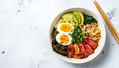 Delicious Bowl of Ramen with Soft Boiled Eggs and Seared Duck, A Close Up Shot of Beautifully Arranged Ramen Bowl, Ready to Be Enjoyed