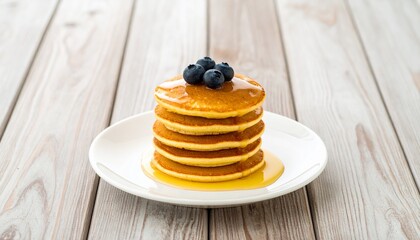 Delicious Stack of Pancakes with Blueberries and Syrup on a White Plate on Wooden Table, A tempting...
