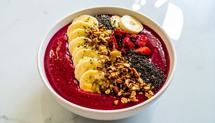 Vibrant Berry Smoothie Bowl with Fresh Toppings, Healthy and Delicious Smoothie Bowl Topped with Fruits, Granola, and Seeds