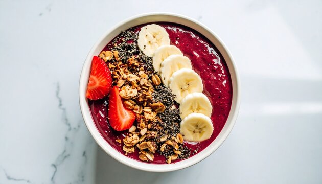 Acai bowl with fresh banana slices and strawberries on a white marble surface, Healthy breakfast bowl with granola and chia seeds for a nutritious start to the day