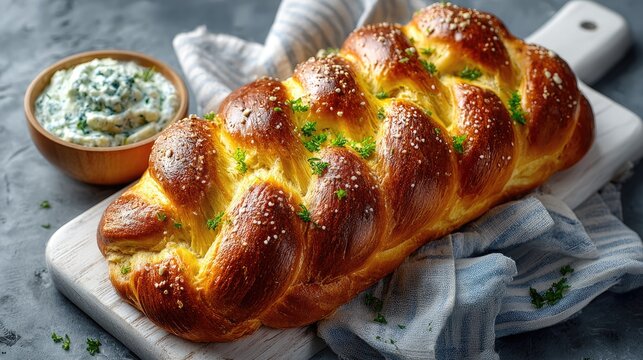 Freshly baked braided bread on a white board with a side of herb butter - Powered by Adobe