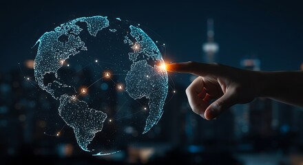 Finger touching a glowing digital world map representing global connectivity