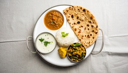 Indian Thali Meal with Roti, Dal, Rice, Raita and Vegetables, A Delicious and Nutritious Indian...