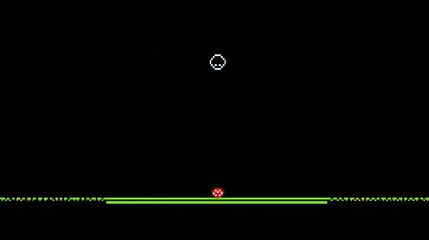 Pixelated screen, small light gray object, red dot, green bar