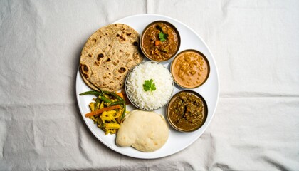 Indian Thali meal with Chapati, Rice, and Curries, A delectable Indian Thali arrangement on a...
