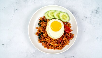 A top-down view of spicy fried rice with a fried egg and cucumber garnish,Delicious and flavorful...