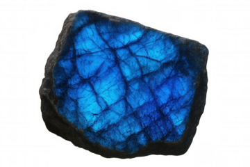 Polished labradorite mineral gleaming with electric blue iridescence, highlighting natural geological beauty against transparent backdrop for design projects