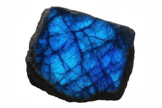 Polished labradorite mineral gleaming with electric blue iridescence, highlighting natural geological beauty against transparent backdrop for design projects