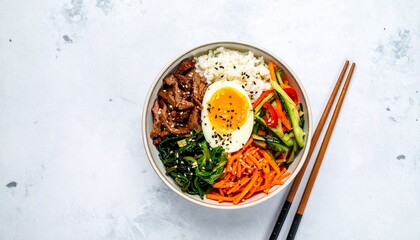 Korean Bibimbap Bowl with Vegetables, Meat, and Egg on a Neutral Background, Bibimbap with Rice and...