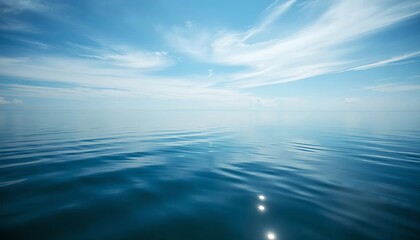 Calm lake water reflecting blue sky, gentle ripples,  environment,  clean
