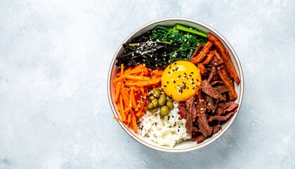 Bibimbap Bowl Ready to Eat, Korean Bibimbap Mixed Rice with Meat and Vegetables for a Nutritious...