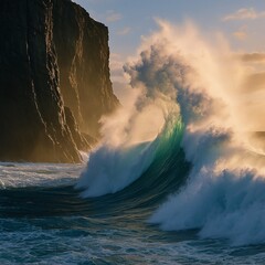 Majestic Ocean Wave Crashing Against Rugged Cliffs at Sunset
