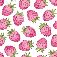 Seamless pattern of pink raspberries on a white background, perfect for design.