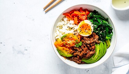 Bibimbap Bowl With Beef, Egg, and Fresh Vegetables, Korean Rice Bowl with Vibrant Toppings and...