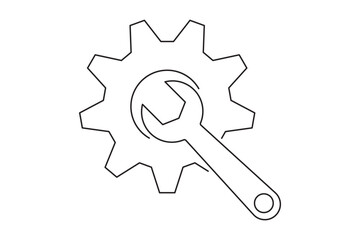 Gear in one line art style. Gear drawing with editable black stroke on white background. Outline gears vector. Setting, cogwheel, gear icon element set. Gears shapes line icons. Vector illustration.