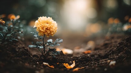 A delicate yellow flower emerges from the rich earth.