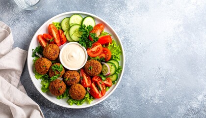 Plate of freshly made falafel with a tahini dipping sauce and vibrant fresh vegetables, Healthy and...