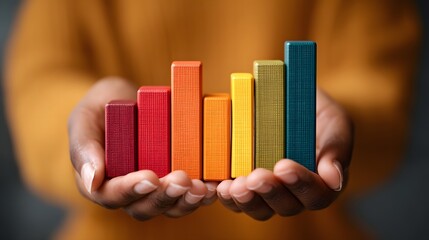 Hands holding stacked bar charts representing performance categories