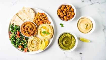 Colorful Mediterranean mezze platter on white marble background, Tasty vegan appetizers: hummus,...