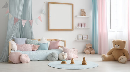 Cozy pastel kids room with blank wall and stuffed animals