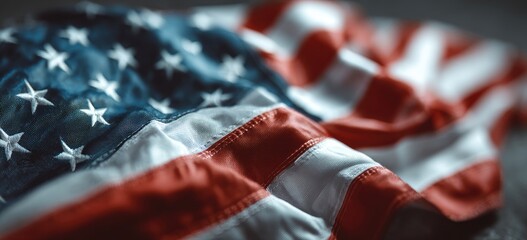 Close-up of an American flag, showing intricate details of the fabric, stars, and stripes